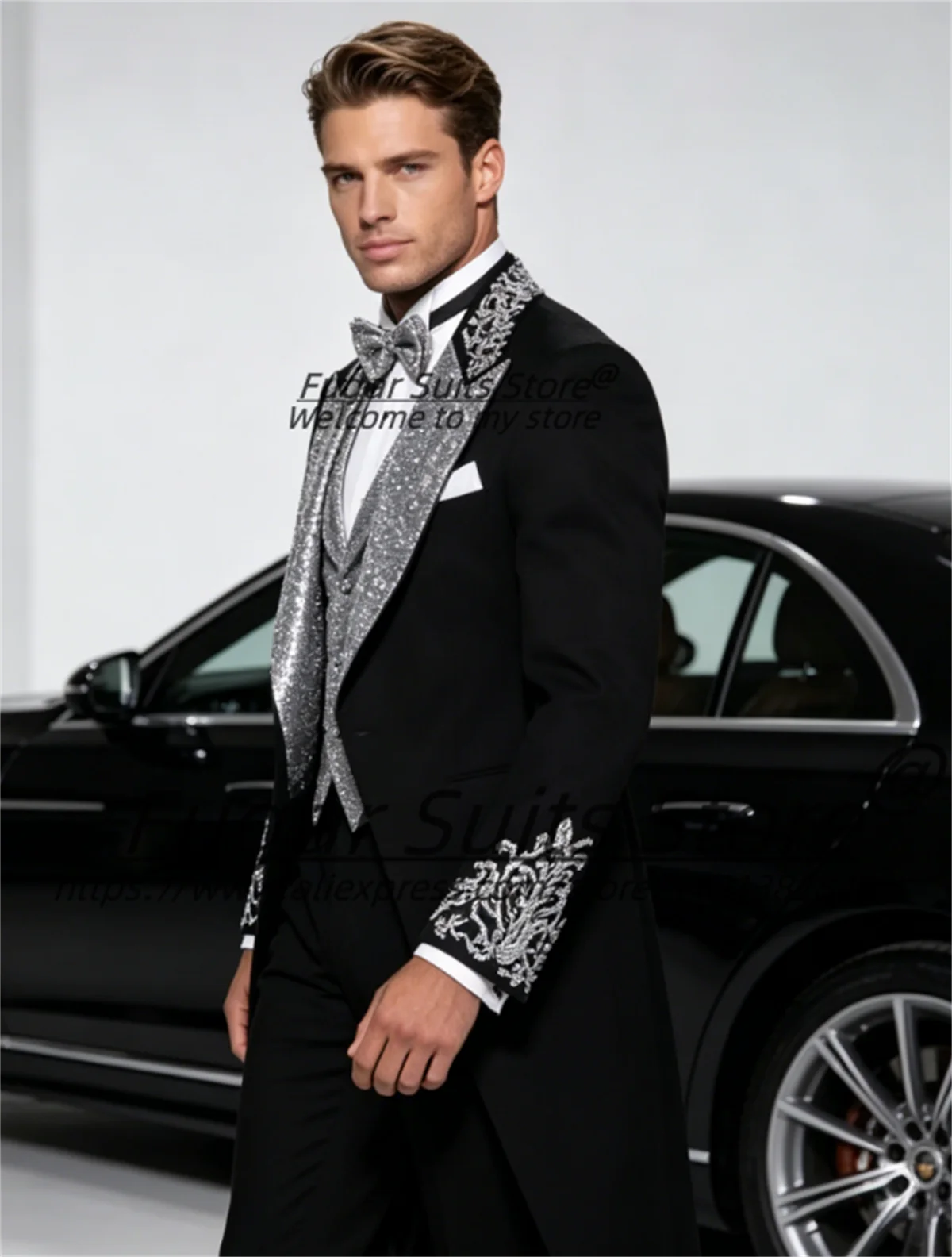 Customized Luxurious Beaded Stone Men Suit Slim Fit Sparkling Sequins Lapel Party Blazers Long Groom Wedding Tuxedos Ropa Hombre