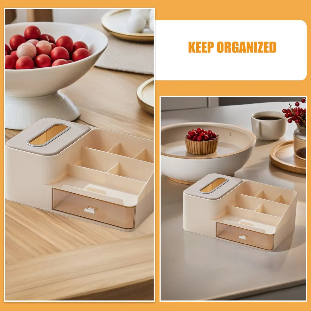 Minimalist Desktop Organizer with Pull Out Drawer Tissue Dispenser Lipstick Holder Skincare Product Storage Vanity Desk Bathroom