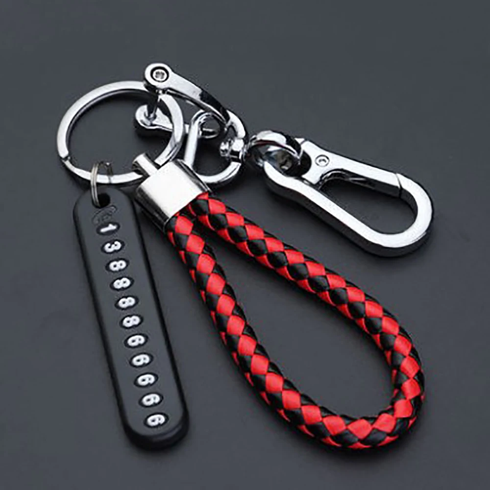 Anti-lost Car Keychain Phone Number Card Keyring Leather Bradied Rope Auto Vehicle Key Chain Holder Accessories Gift for Husband