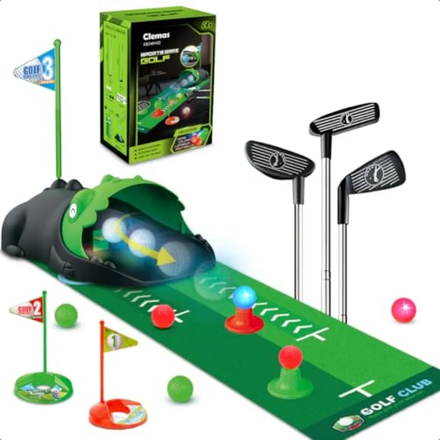 

Upgraded Toy Golf Set with Dinosaur Automatic Golf Returner Led Light Up Night Golf Balls 3 Clubs Putting Mat 38 Toddler Mini G