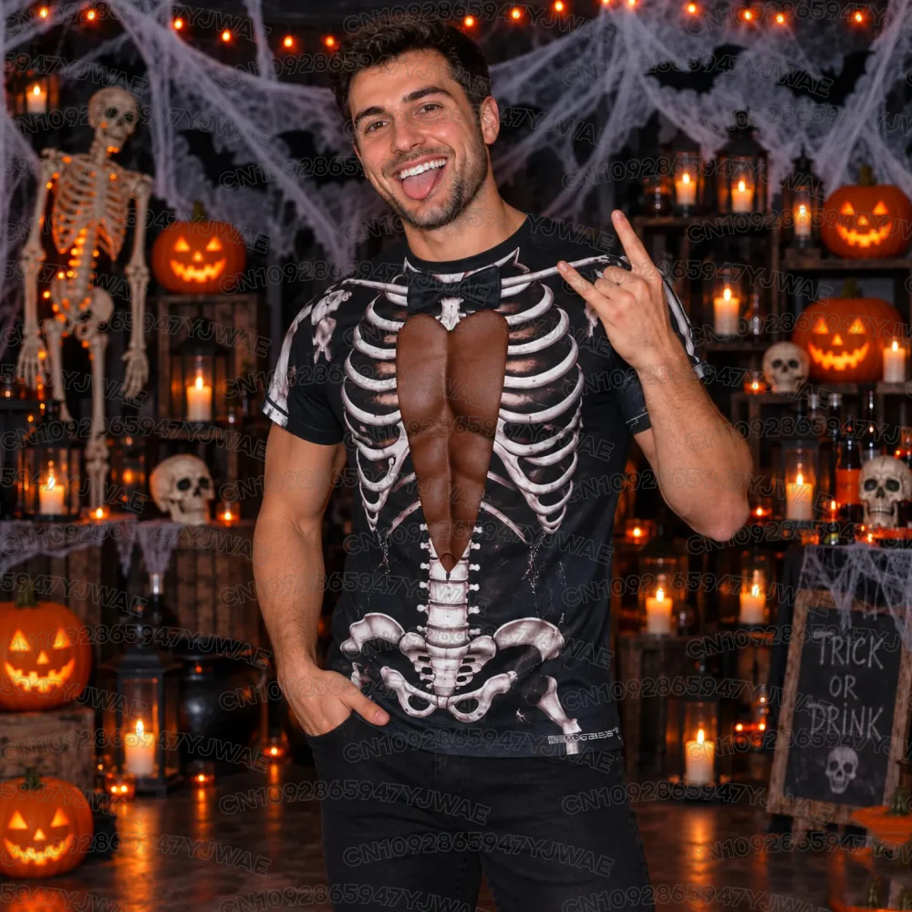 Summer Women's Men's Skeleton Cosplay Spooky Party Outfit 3D Bone Graphic Fake Chest Halloween Party Costume Couple T-shirt