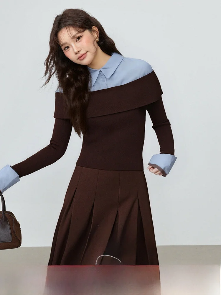 

Комплект зимней модной одежды больших размеров 2025: приталенный топ и юбка А-силуэта с высокой талией, иллюзорный комплект из двух предметов