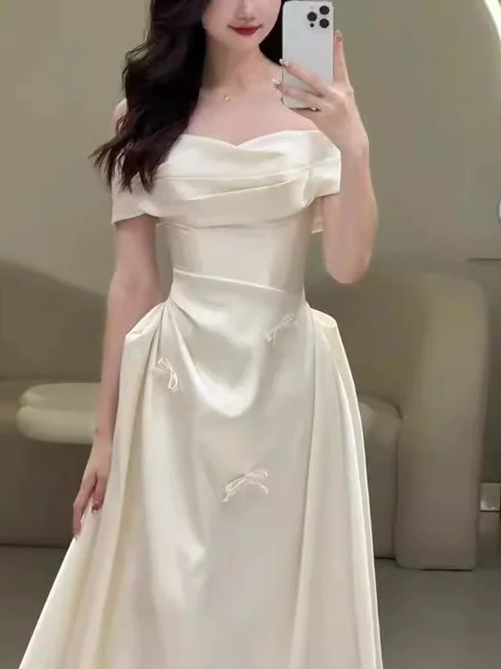 

Silk Satin Light Wedding Dr One oulder plus Size Simple Engagement Registration Ceremony Dr Ele Evening Gown