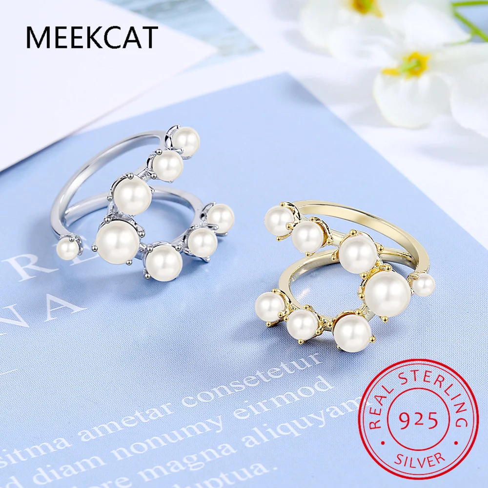 925 Sterling Silver Pearl Geometric Shape Adjustable Size 6-8 Finger Rings Fashion Platinum Plated Jewelry For Women Gift