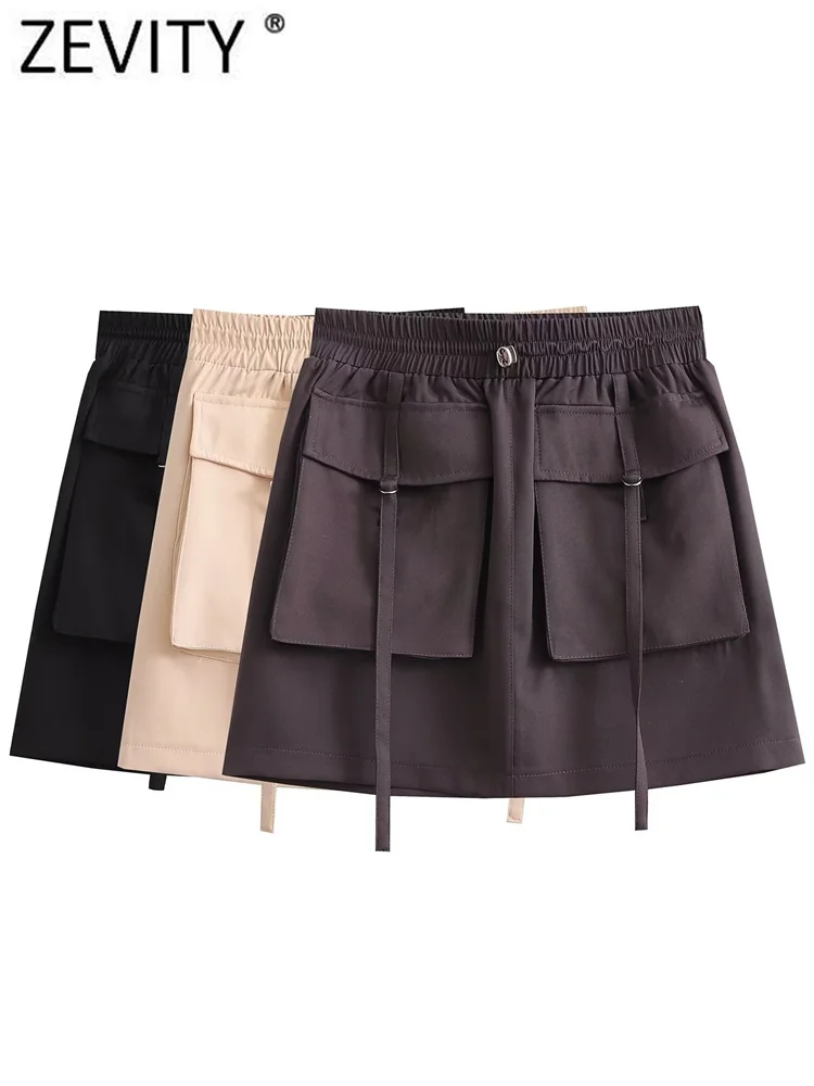 

Zevity Women Safari Style Big Pockets Decoration Casual Mini Skirt Faldas Mujer Femme Chic Elastic Waist Vestidos QUN3648