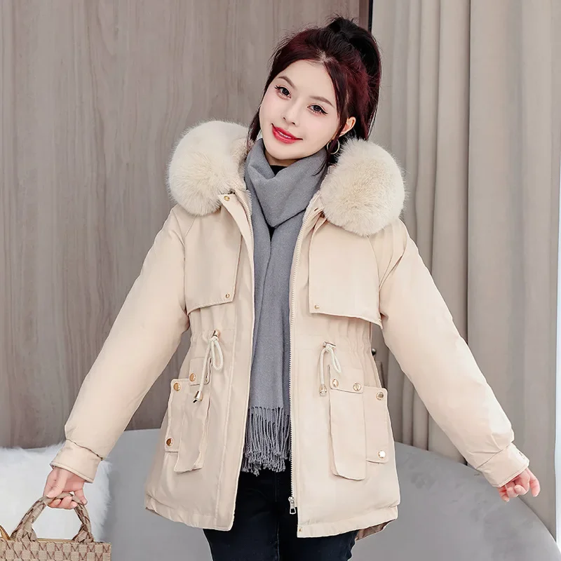 Winter Warm Fur Collar Hooded Women Parka Fashion Comfortable Zipper Pockets Design Long Jacket Elegant Slim Thick Female Coats