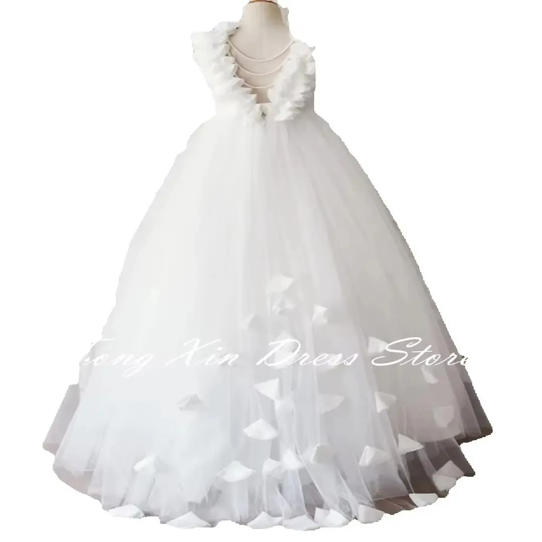 Robe de demoiselle d'honneur blanche pour mariage, appliques en fibre de tulle gonflée 3D, perle, fête d'anniversaire, reconstitution historique, première communion, Rh, peu importe