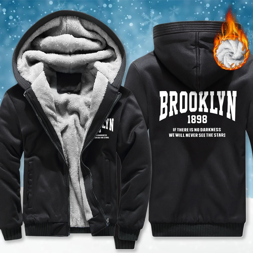 

Brooklyn New York 1898 Print Zipper Jacket Men Street Casual Tops Winter Thicken Loose Hoodies Retro Fleece Unisex Pullovers
