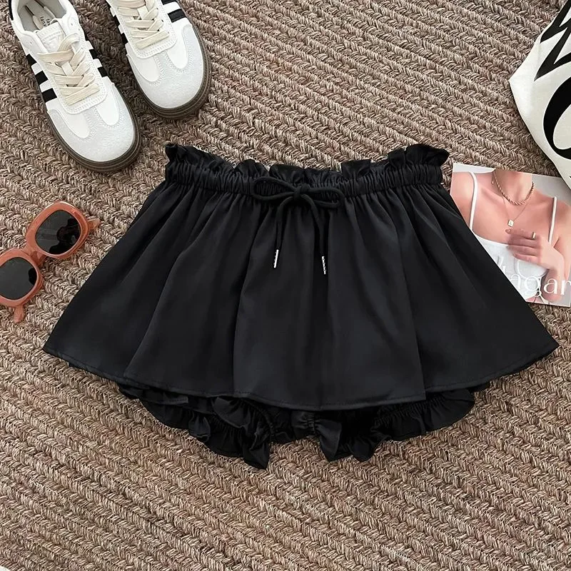 Women Ruffled Patchwork Skorts Sweet Korean Fashion Mini Skirt High Waisted Summer Slim Drawstring Preppy Style Shorts