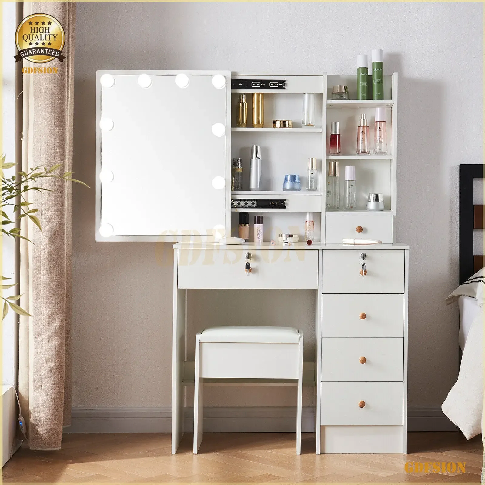 طاولة تزيين بيضاء مع مرآة منزلقة ومقعد مكون من 6 أدراج للمكياج