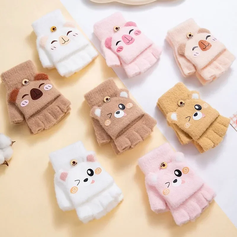 

New Winter Warm Children Mittens Cute Grils Baby Five Fingers Breathable Cartoon Gloves Boys Flip Gloves Kids Accessories 3-12Y