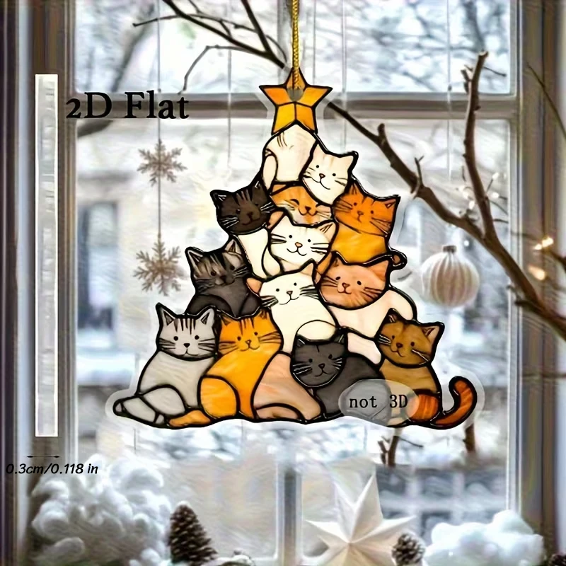 2pcs 2D Cat Suncatcher, Christmas Tree Window Hanging Decor with 12 Colorful Cats, Acrylic Sun Catcher for Home Garden Party