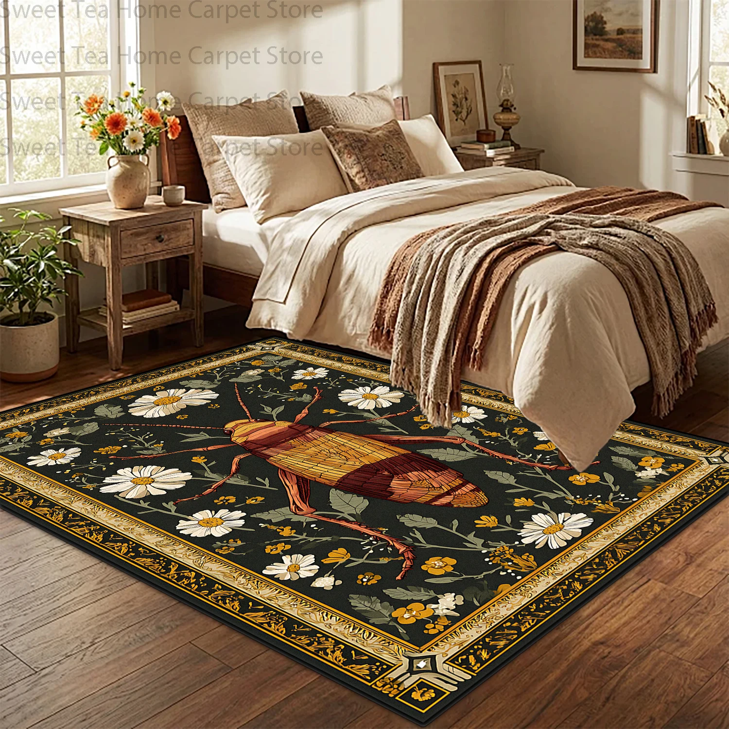Retro Insect Flower Bedroom Bedside Decoration Carpet Antiskid Washable Living Room Large Area Rug Soft Fluffy Study Floor Mats