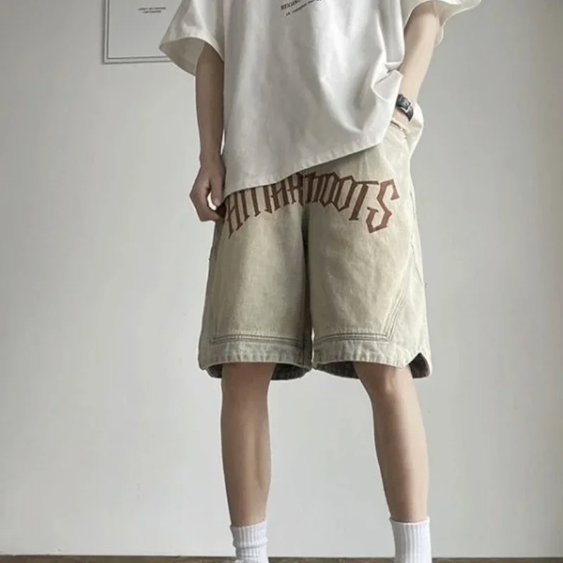 

With Text Pockets Short Jeans Pants for Men Man Denim Shorts Long Baggy Loose Bermuda Wide Half Stretch Cowboy Designer Popular