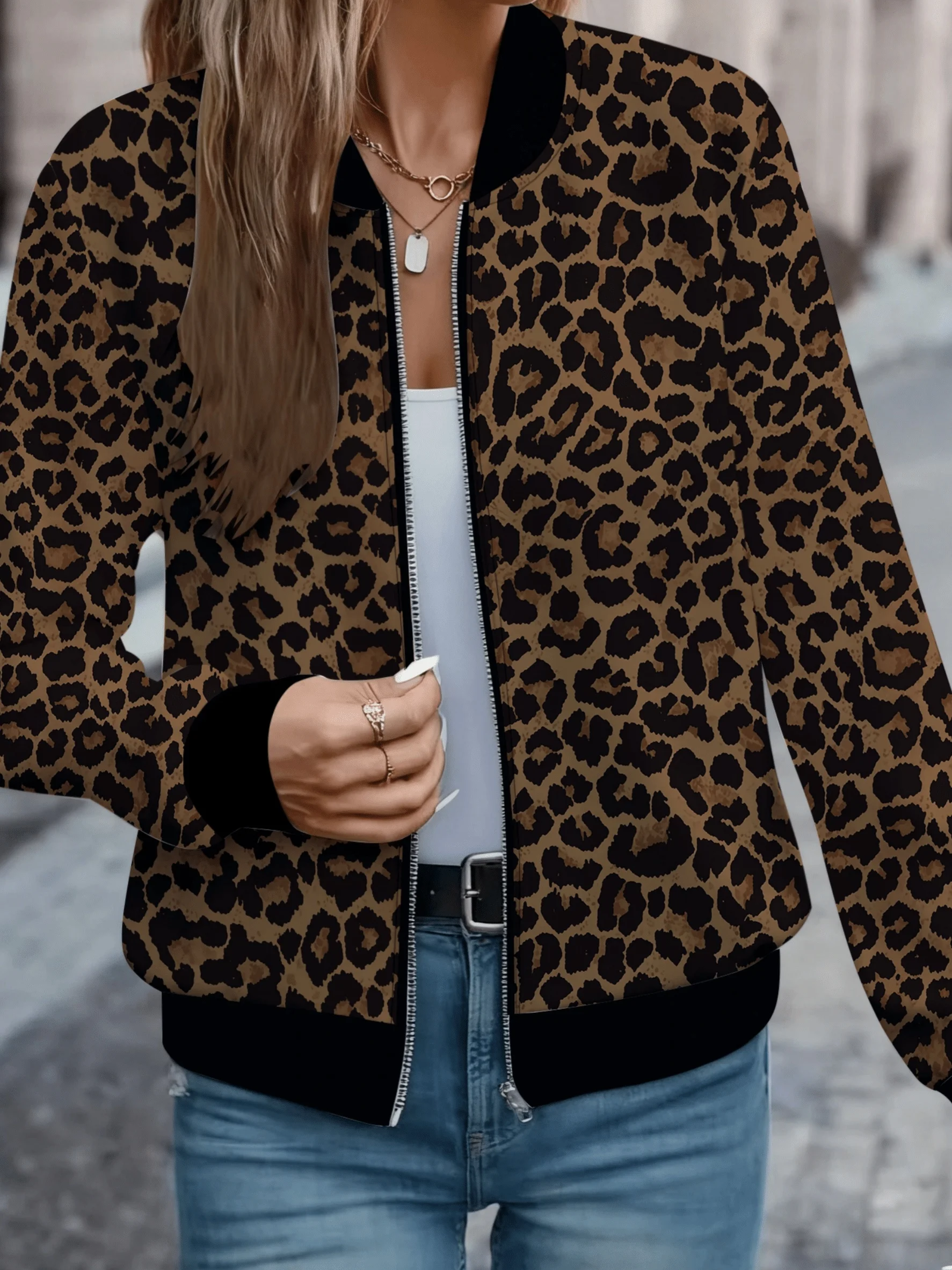 Frühlings- und Herbst-Baseballjacke für Damen mit Leopardenmuster und Reißverschluss-Langarmoberteil – Detail 5