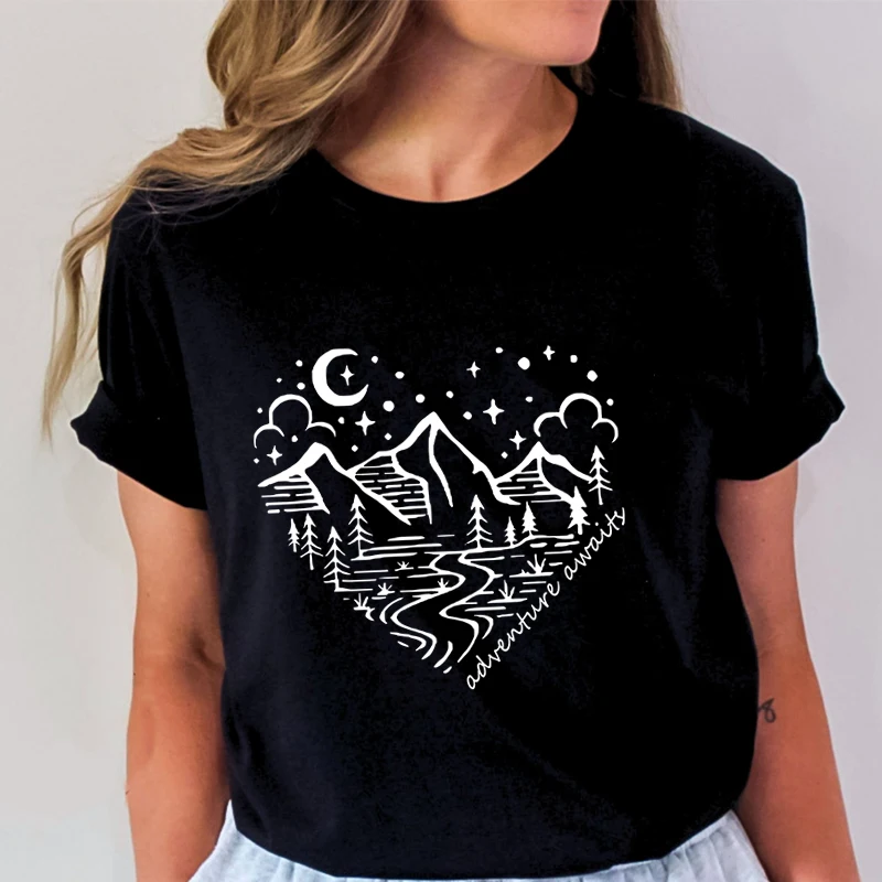 New Fashion Women Summer Sleeves Streetwear Mountain Hiking Camping Print Adventure Awaits Casual Crew Neck Sleeve Tee