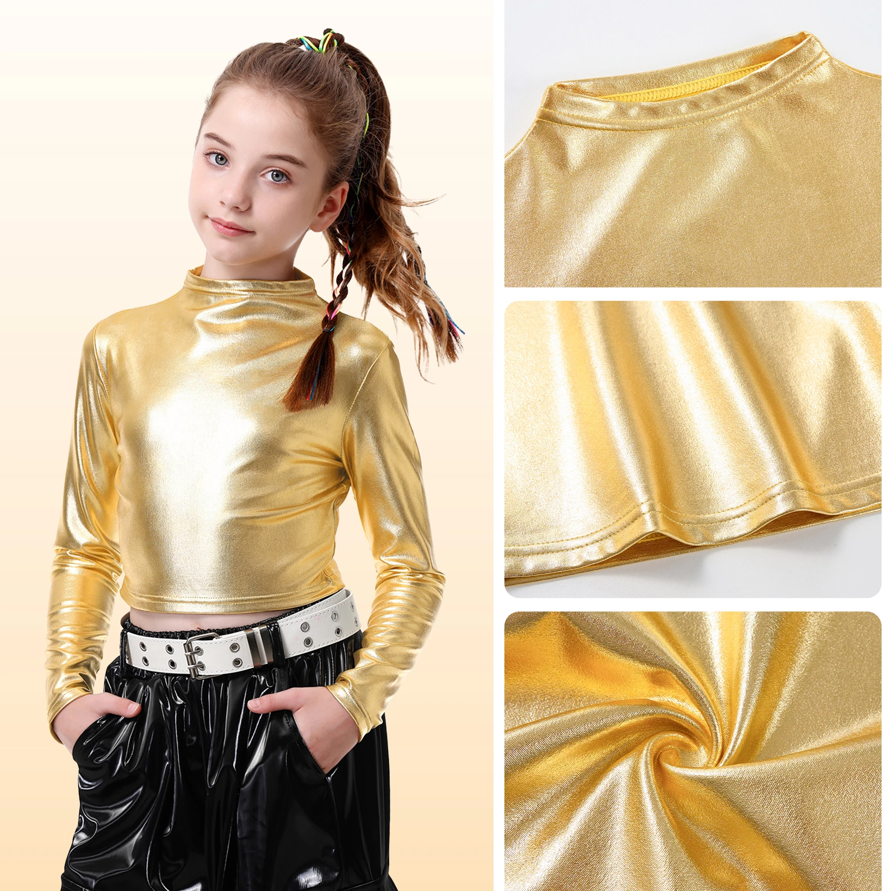 LOlanta Metallic Dance Tops for Girls Long Sleeve Cropped Top Shiny Hip Hop Party Holographic Shirt Dancewear 6-14Years view 2