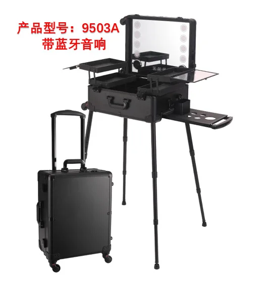 22-Inch large-capacity professional trolley cosmetic case with lamp, manicure and beauty storage case