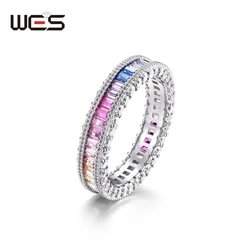 WES 925 Sterling Silver Rings for Women Rainbow Crystal Colorful Zicron 1.5*2.3mm Engagement Birthday Gift Fine Jewelry Fashion