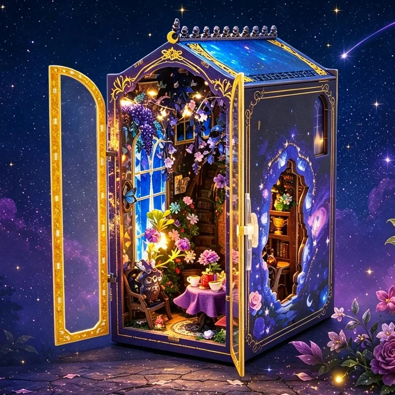 DIY Wooden Magic Garden Workshop Book Nook Shelf Insert Kits Miniature Model Kit With Light Bookend for Friends Birthday Gifts