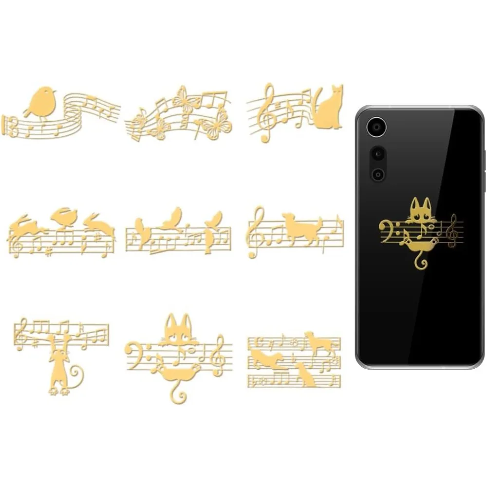

9Pcs 1.6x1.6 Inch Metal Stickers Musical Note Metal Sticker Self Adhesive Cat Bird Stickers Magic Epoxy Sticker Pyramid Decals