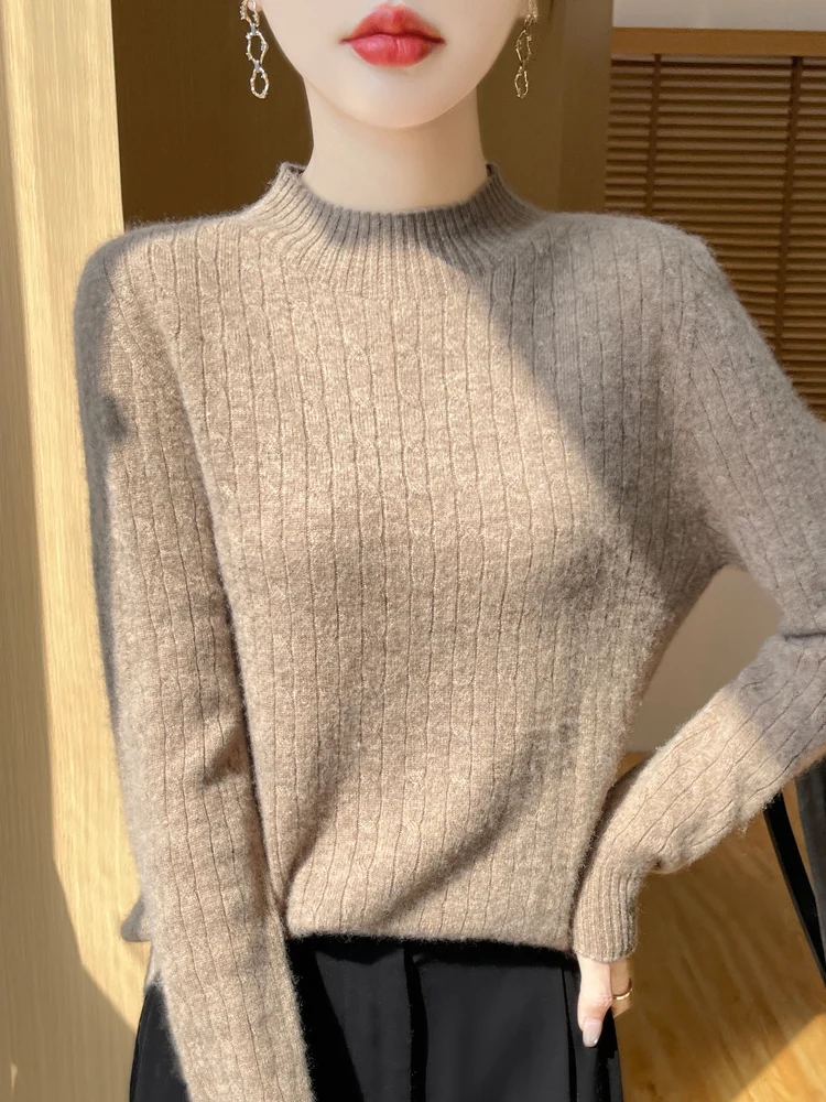 

Classic Seamless Women Knitwear 100% European Wool Pullover Fashion Sweater Half height Neck Twisted pattern style Loose Tops