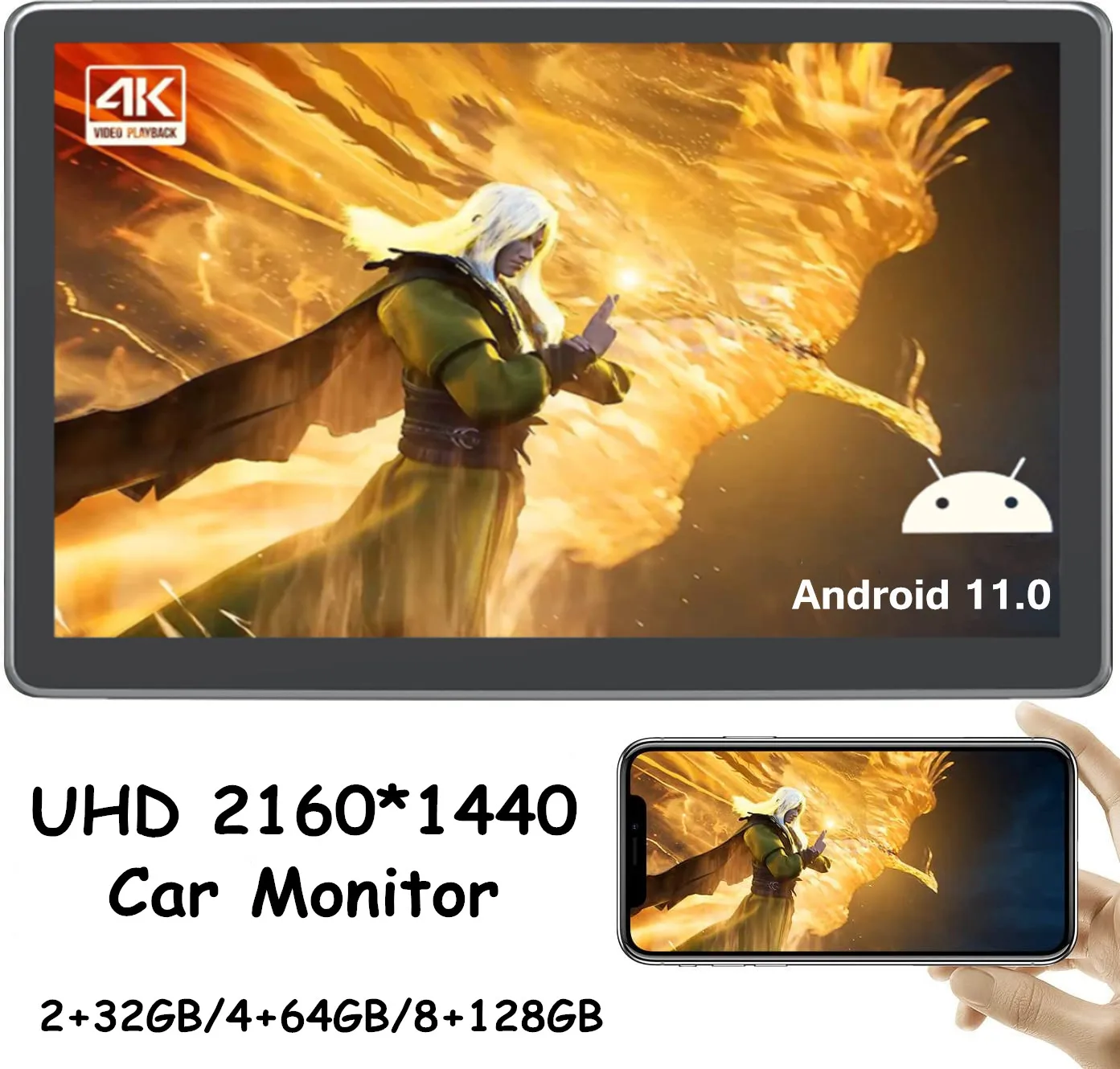 차량용 TV 헤드레스트 모니터, 와이파이, 블루투스, USB, SD, HDMI, FM, 미러 링크, 미라캐스트, 14 인치, 안드로이드 11.0, 8GB, 128G, 4K, 2160x1440P 태블릿 PC