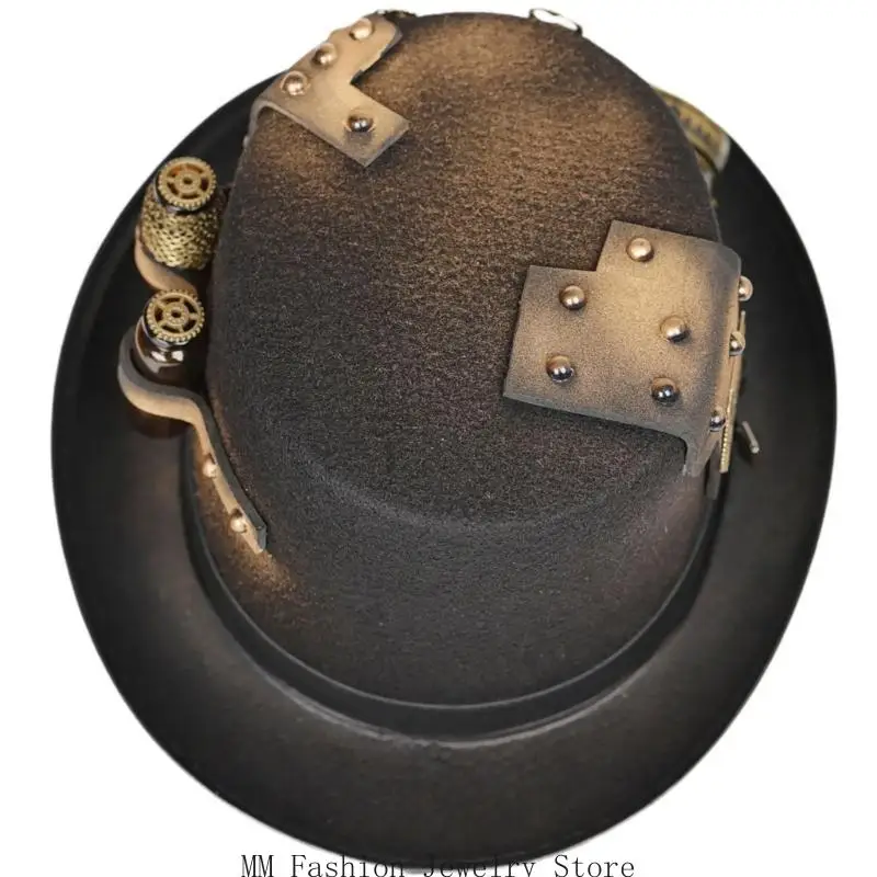 

D0UB Мужская шляпа в стиле стимпанк с очками Гей-цилиндр Стимпанк-котелок Винтажный цилиндр на Хэллоуин Готический карнавал клуб