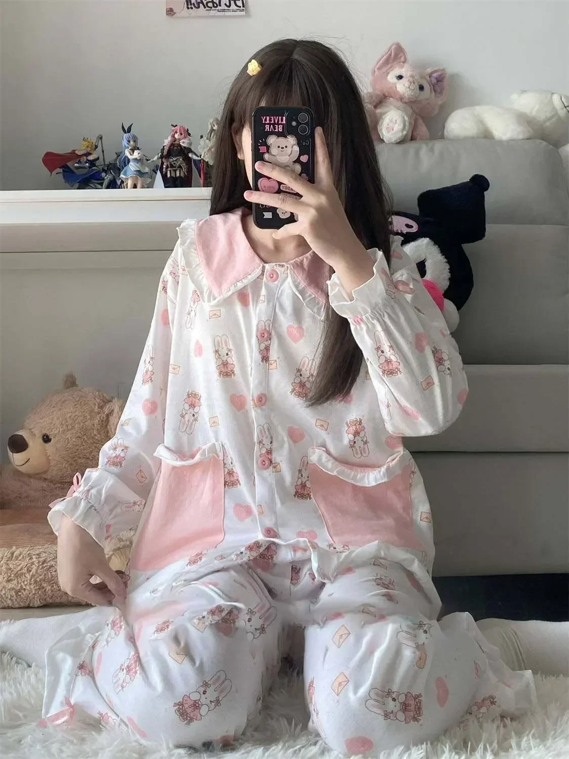 Pyjama imprimé lapin en dentelle pour femme, vêtements de nuit roses, 2 pièces en coton, surintendant ser, ensembles à manches longues