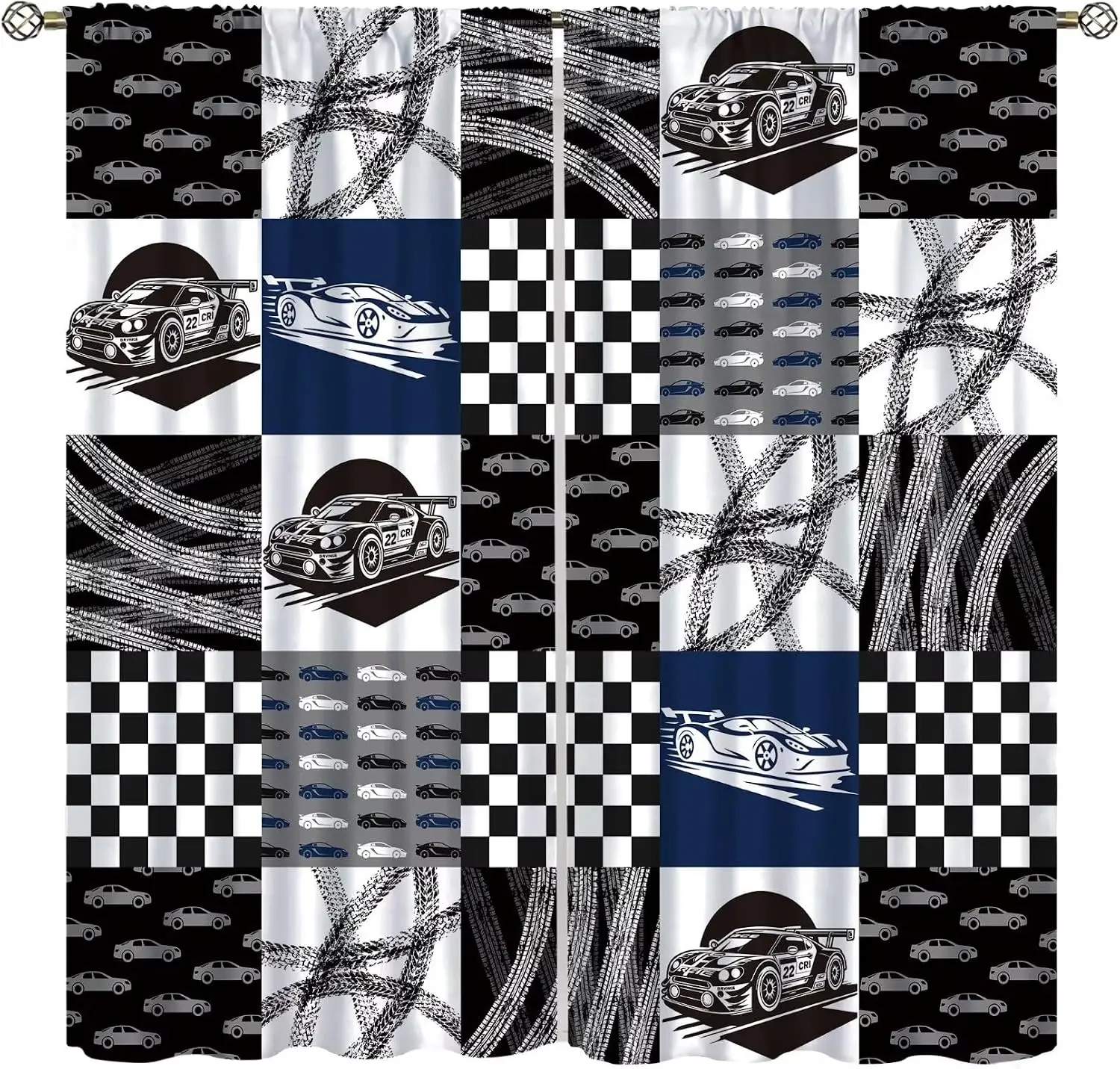 Boys Racing Vehicle Curtain 2 Panels, Tire Track Checkerboard Race Car Allover Monochrome Print, Curtains Boy Teen Decor Curtain