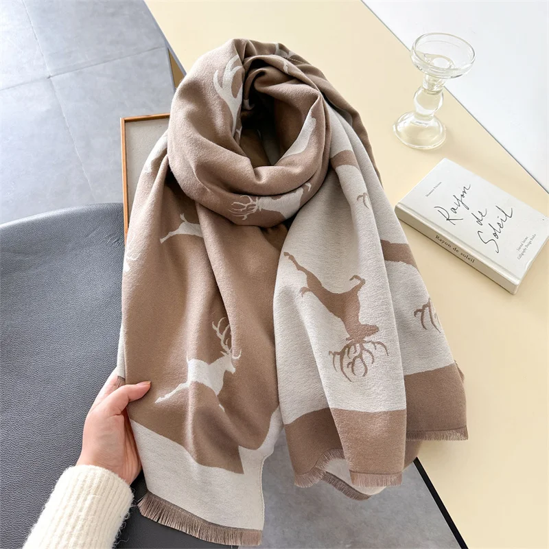 Deer Jacquard Winter Ourdoor Women Scarf Cashmere Thicken Warm Shawl Pashmina Scarves Female Double-sided Wrap Ladies