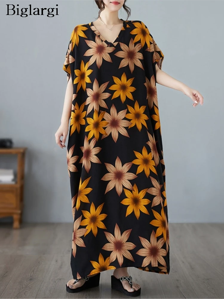 Oversized Summer V-Neck Long Robe Dress Women Flower Floral Print Modis Loose Ladies Dresses Casual Pleated Woman Pullover Dress