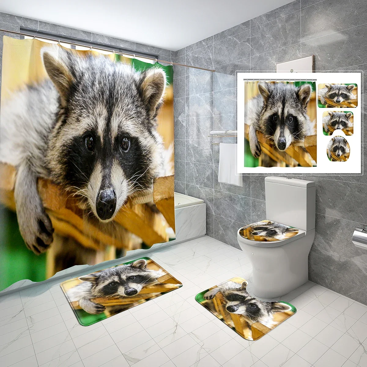 4 PCS Raccoon Shower Curtain Sets,Cute Grey Animal Bathroom Waterproof Fabric Bath Curtain,Non-Slip Bath Mat Toilet Cover Set