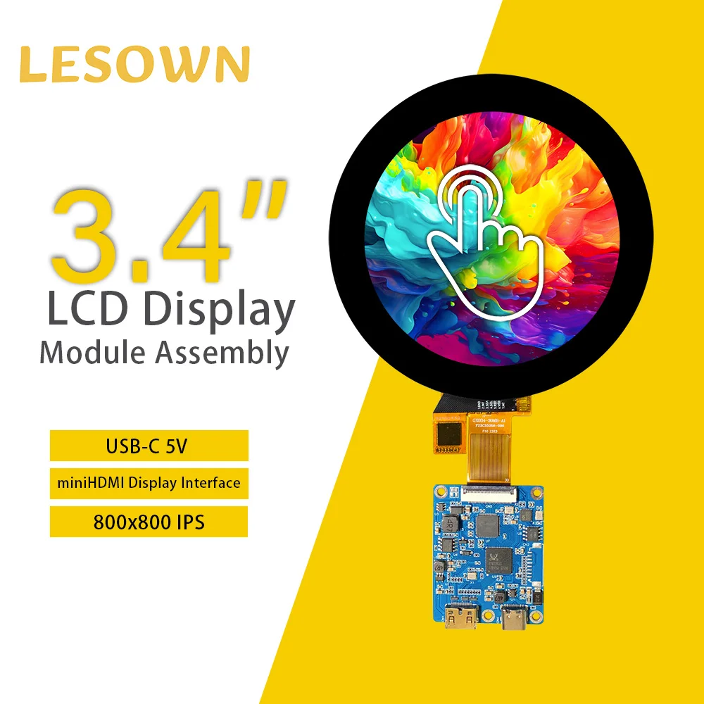 LESOWN 3.4 inch mini Touch Screen HD 800x800 IPS HDMI USB C LCD Panel Module Circular Display with Driver Board for Laptop