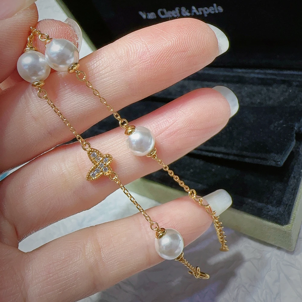 Natural Pearl Bracelet AAAA7-8mm Japanese Round Pearl Butterfly Bracelet 925s image 4