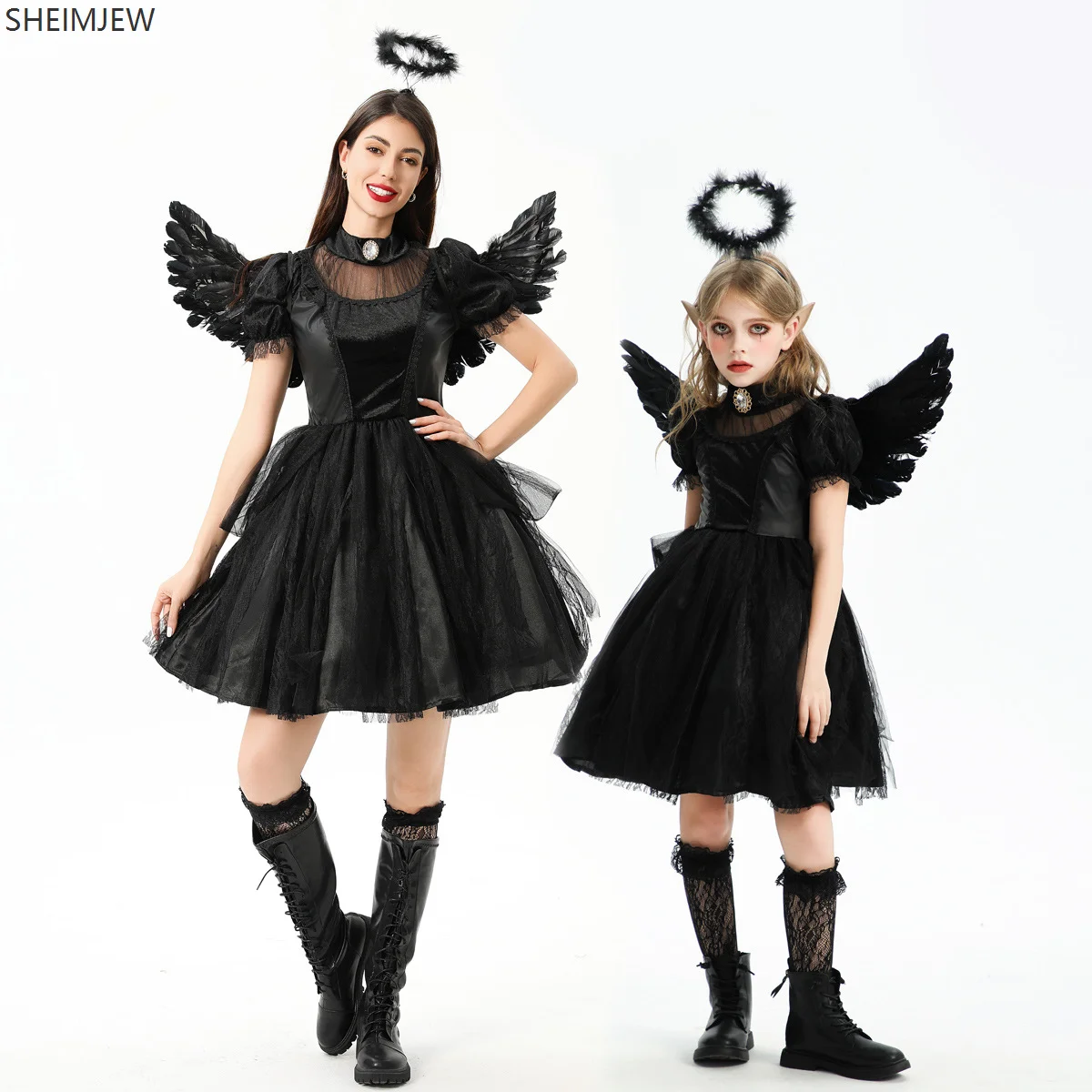 

Children's Adult Evil Black Angel Cosplay Costume Halloween Vampire Witch Dress Parent-child Carnival Party Stage Headdress Wing