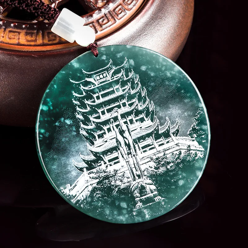 Natural A-grade Jadeite Blue Water Shadow Carving Landscape Brand Poetry Scenic Spots Historic Sites Ice Jadeite Pendant Jewelry