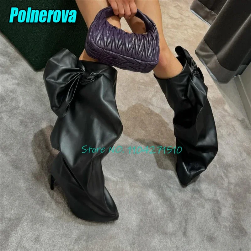 

Black Bow Pleated Knee High Boots Pointy Toe Folds Spliced Sleeve High Heels Designer Strange Heel Long Boots Women Runway Shoes