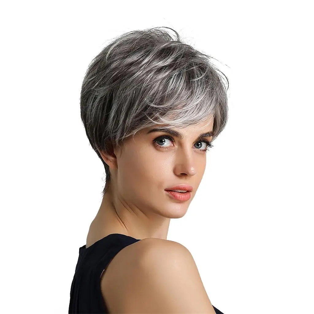 

Stylish Human Hair Short Side Part Wigs Layered Cosplay Women Wig Grey White