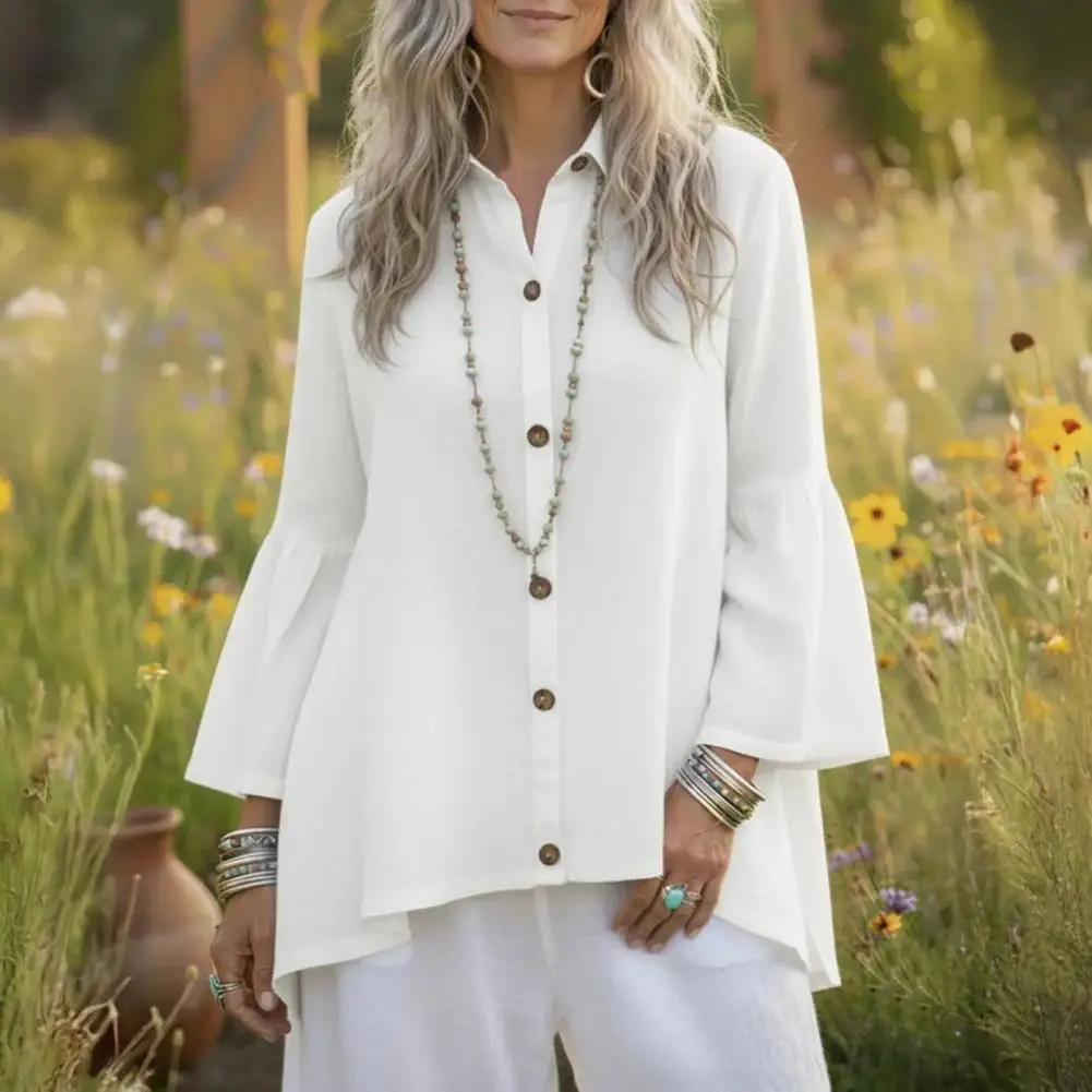 

Летняя дышащая рубашка с рукавами-колокол, на пуговицах, с воротником, с длинным рукавом, свободная шифоновая блузка на осень-весну, 80% шифон