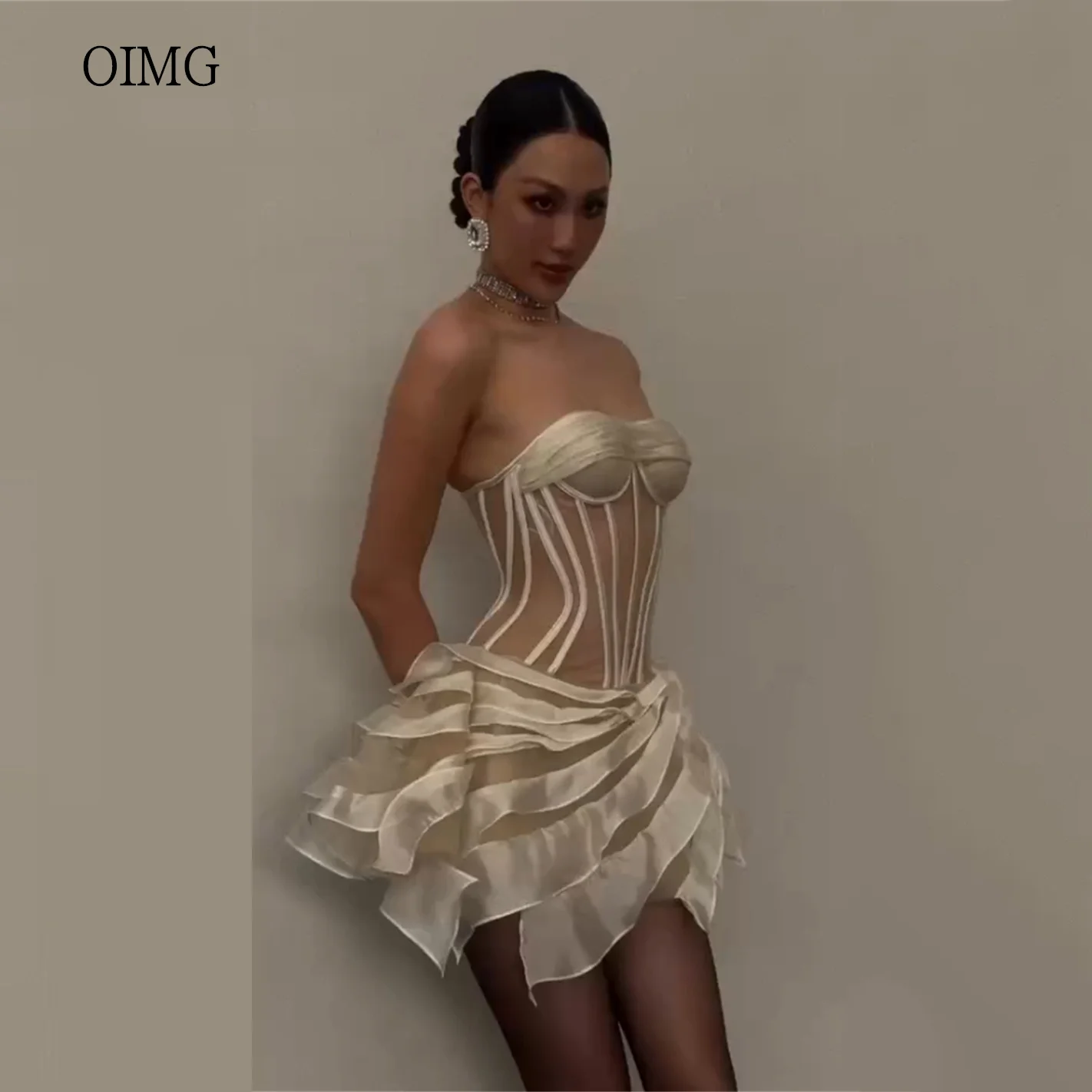 OIMG Sexy Sweetheart Neck Ruffled Mini Prom Gowns Corset Party Gown Multi-layered Evening Dress vestidos de gala Customized