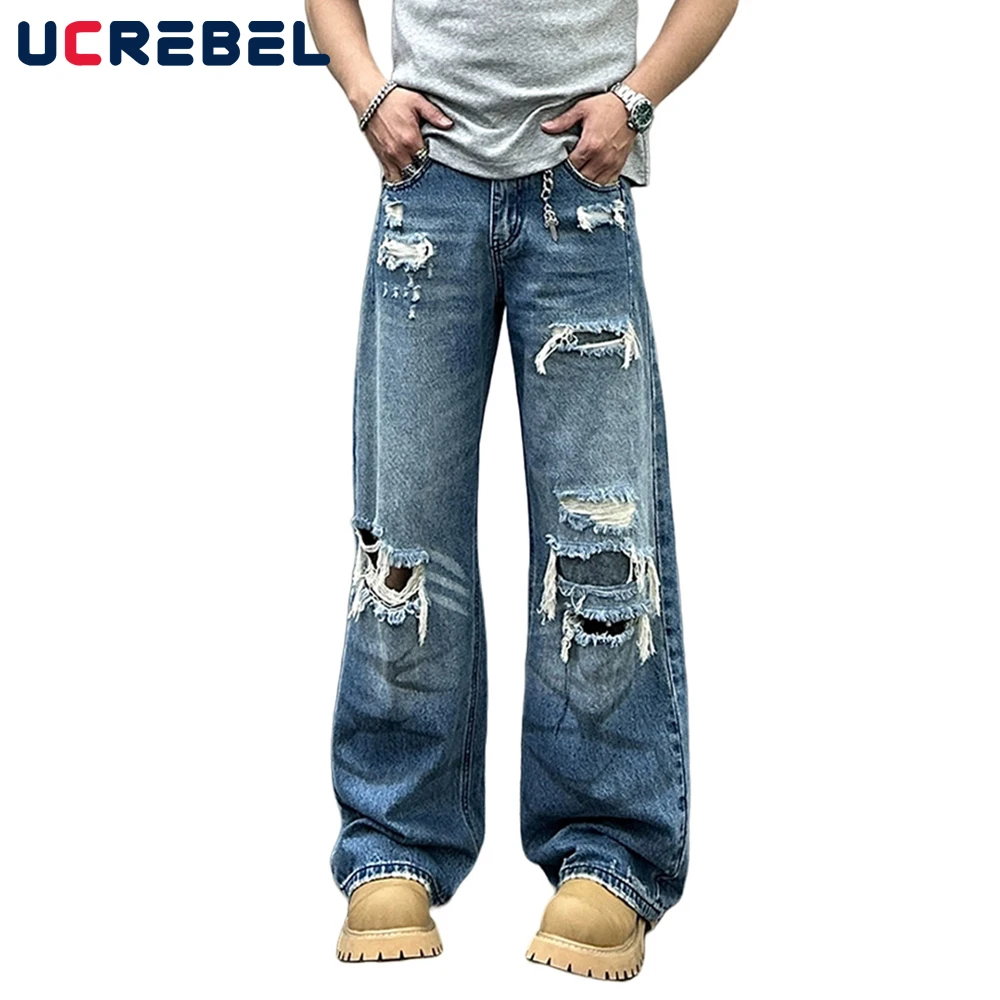 Retro Washed Distressed Ripped Jeans Mens High Street Loose Straight-leg Wide Leg Baggy Denim Pants Men