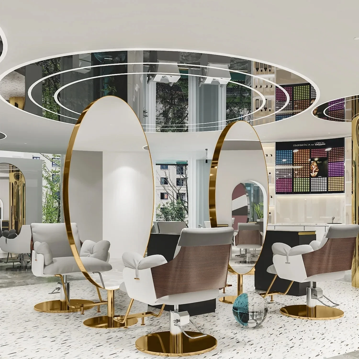 

A44 Barber shop mirror table stainless steel floor mirror whole body, hair special hair double-sided mirror with light led