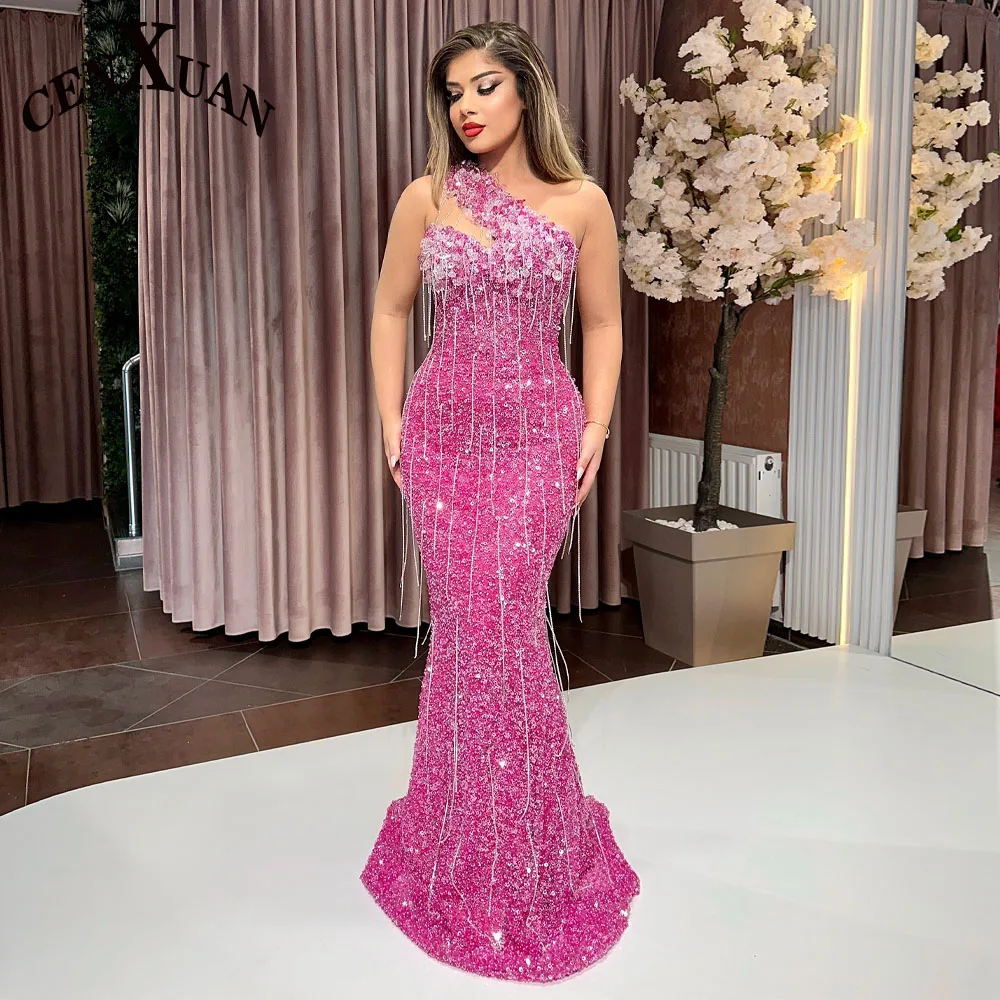 CENXUAN Opulent Celebrity Dresses Deading Diamond Sequined One-Shoulder Engagement Dress Women Vestido De Noche Customised