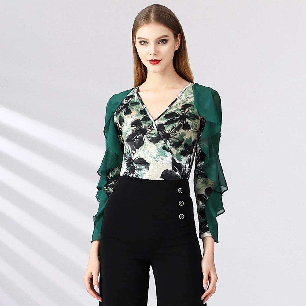 قميص نسائي مثير للرقص اللاتيني بأكمام طويلة قميص مطبوع 2025 أحمر برقبة على شكل حرف v للحفلات الراقصة بذلة خضراء لقاعة الرقص