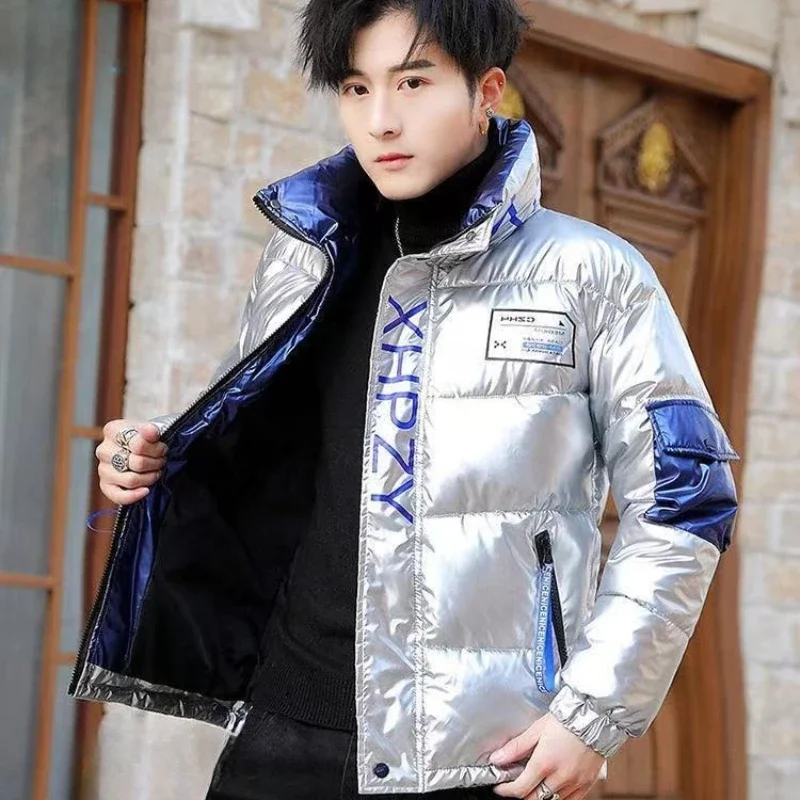 

​ Зимняя куртка для мальчиков-подростков, короткое термохлопковое пальто с воротником-стойкой, глянцевая поверхность, свободная утепленная уличная одежда ​