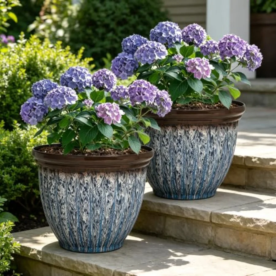 Outdoor use, plastic, black, extra-large 15-inch flower pots with drainage holes, 2-pack