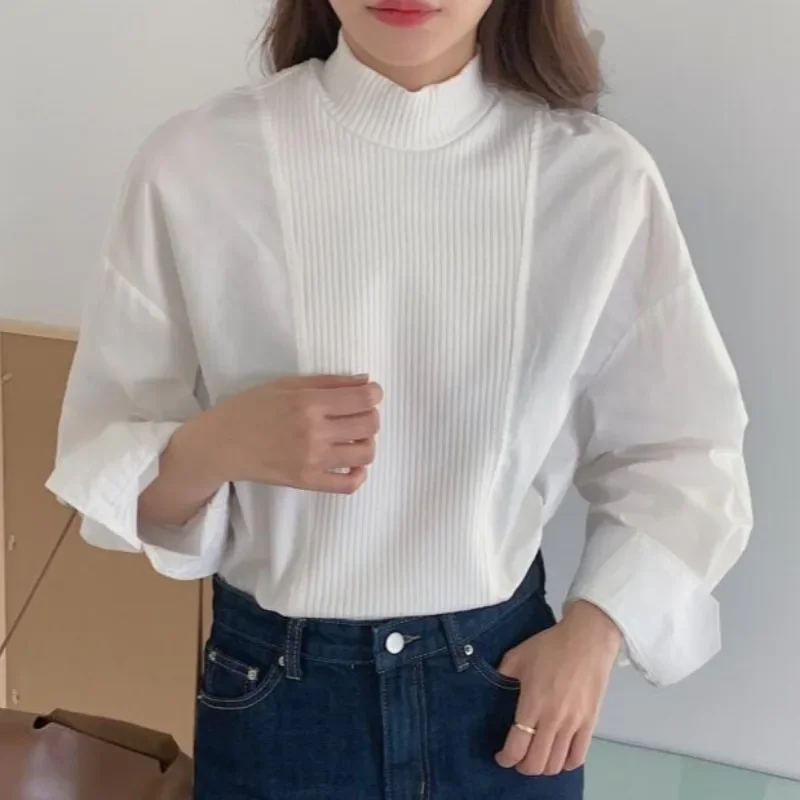 Pull à manches longues moelleux pour dames, chemise cousue, haut à col mi-haut, version coréenne, décontracté, automne et hiver