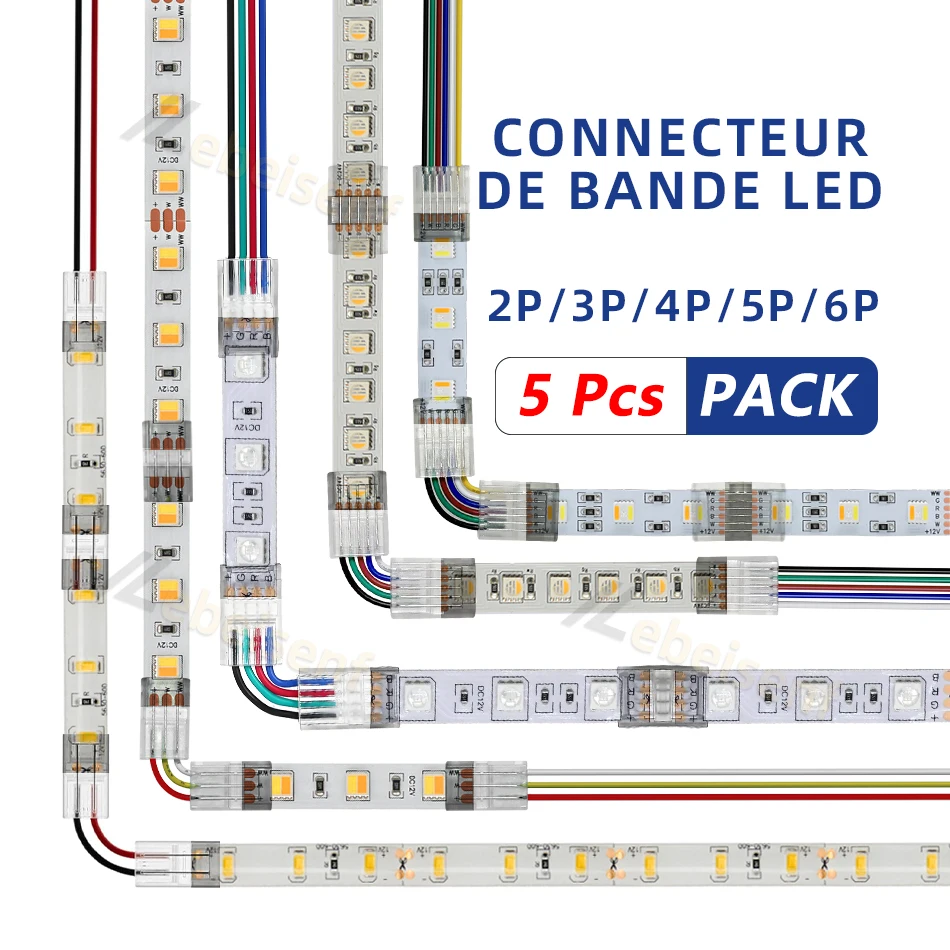 Connecteur à 2/3/4/5/6 broches pour les bandes lumineuses LED IP20 IP65 5050 3528 2835 de 8mm, 10mm et 12mm avec bride de fixation pour connexion rapide au câble
