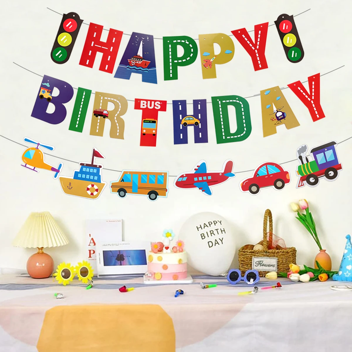 Happy Birthday Banner Airplane Car Vehicle Ship Pull Flag Traffic Light Banner Baby Shower Children Pull Flower Party Decoration